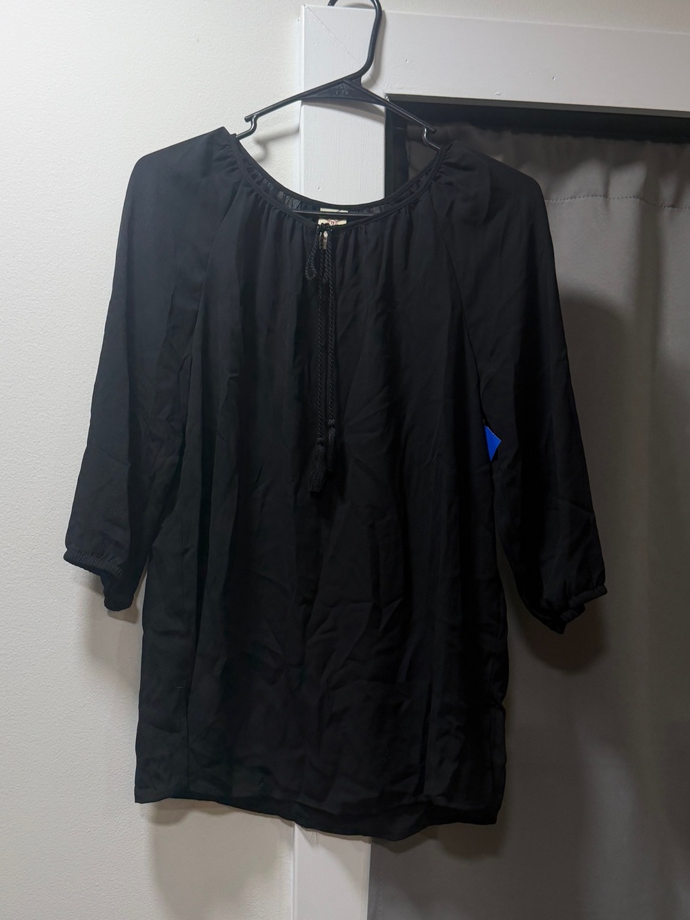 NWT 2010s Faded Glory Black Peasant Blouse with Tie Neck - Size Small (4-6)